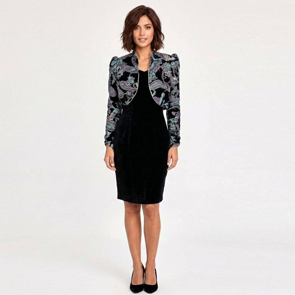Vintage Nu-Mode Velvet Dress & Bolero Jacket Evening Party '80s Black Teal Gold